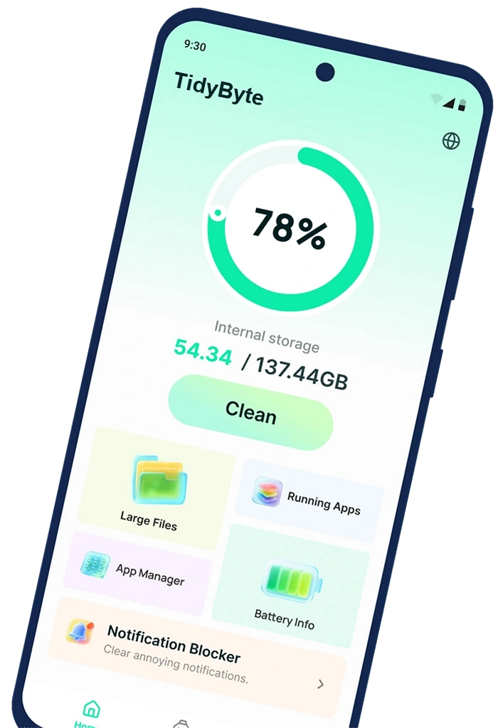 TidyByte app showing storage usage, a clean button, large files, running apps, and battery information